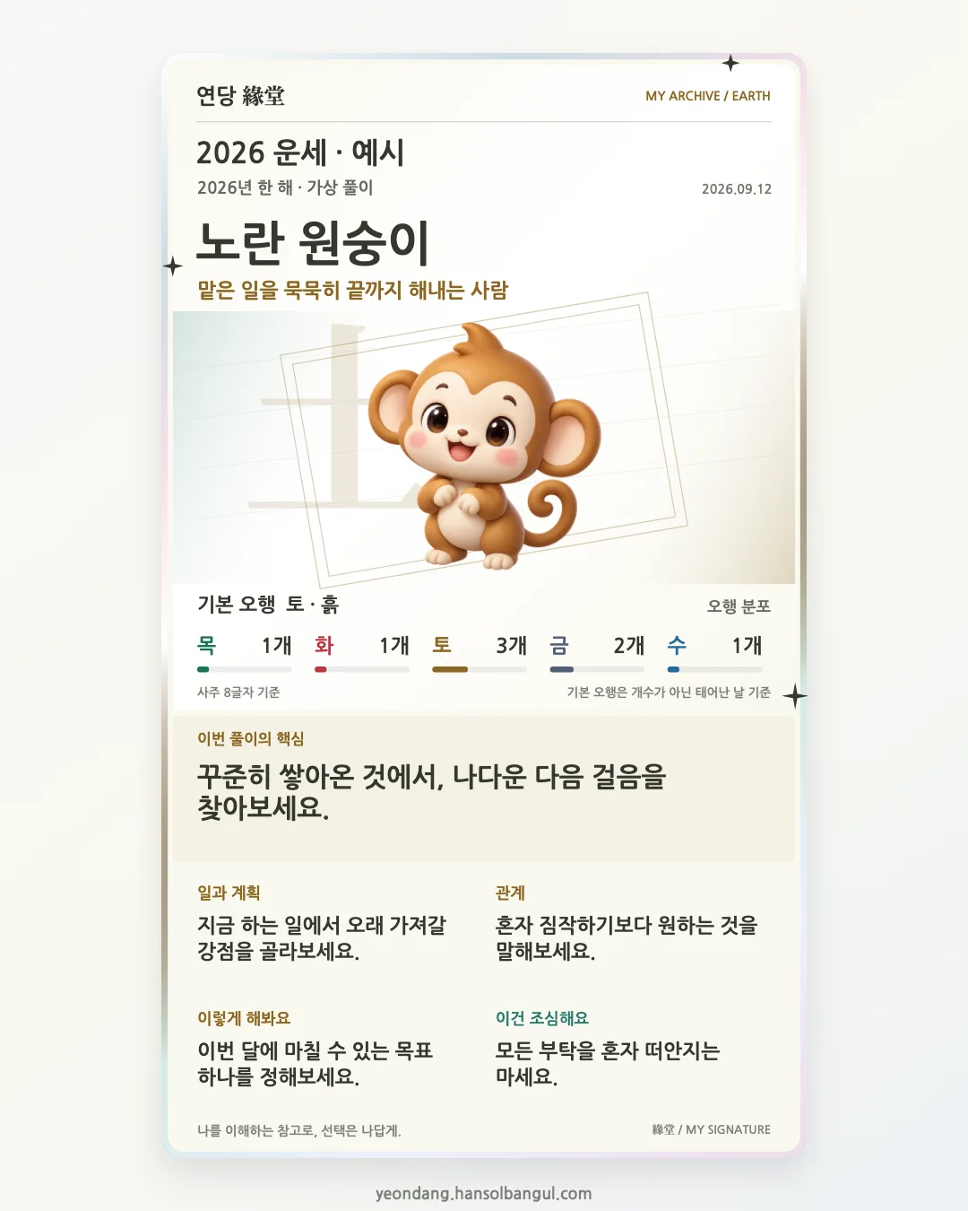 노란 원숭이 캐릭터와 한 해의 조언이 담긴 연당 공유 카드. 가상 풀이 예시.